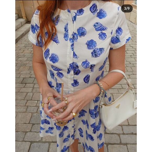 Zara White & Blue 100% Cotton Seashell Print Dress Button Down Fit & Flare Large - Picture 4 of 11